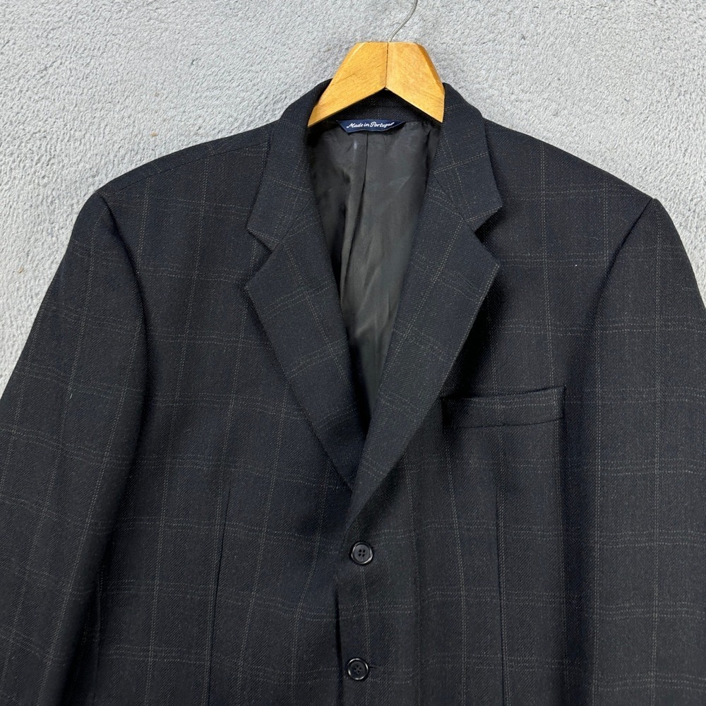 Paul Fredrick Wool Blazer Sport Coat Mens 46 XL Black Plaid Long Sleeve 3 Button